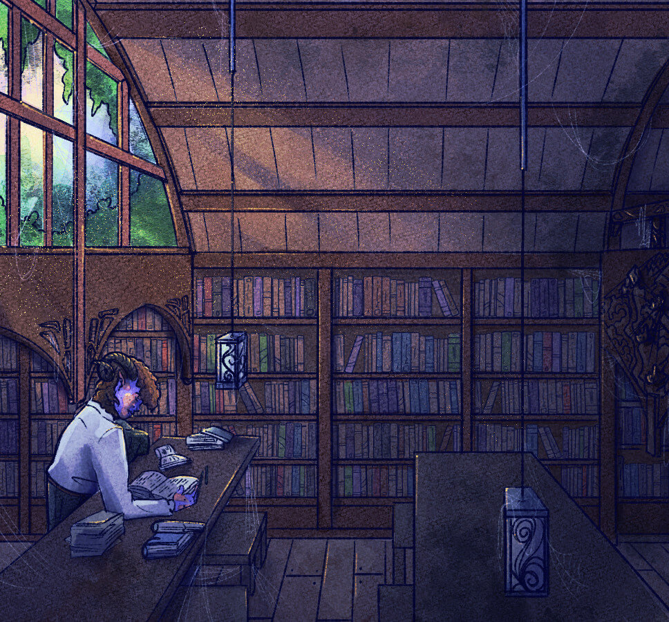 A drawing of a moment in a story- a resercher finding a lost library beneath the ground.